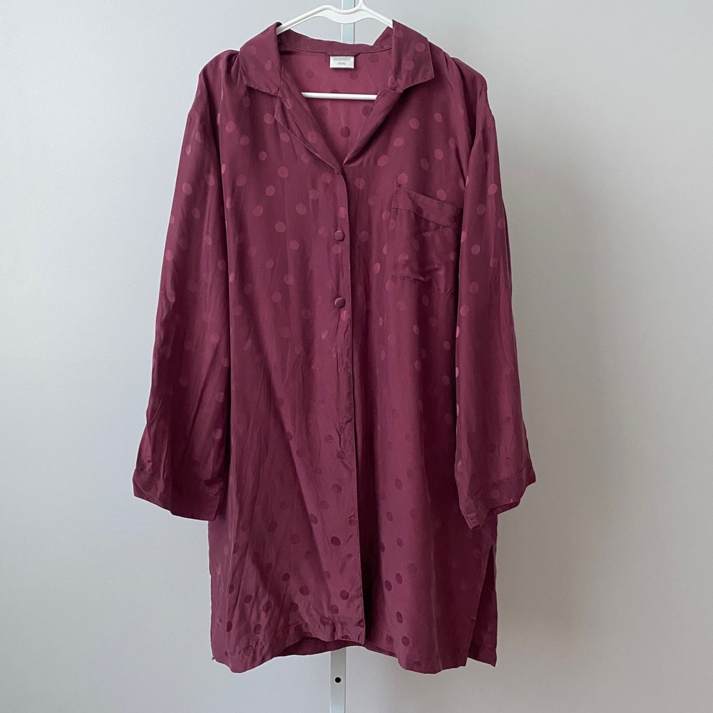 Desiree 100% Silk Relaxed Polka Dot Sleepwear Pajama Shirt L/XL Burgundy